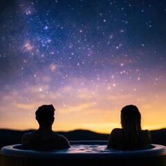 Fototapeta premium A couple enjoying a private hot tub under a starlit sky, with the sound of nature in the background