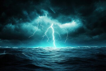 A dramatic thunderstorm over the ocean with striking lightning illuminating the dark clouds and turbulent waves beneath.