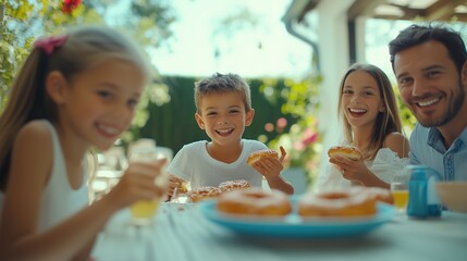 Happy family gathering outdoors enjoying delicious donuts and refreshing drinks in a sunny garden setting during summer