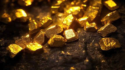 Close-up of shiny gold nuggets on a dark rock, symbolizing wealth and luxury. Perfect for finance and mining themes.