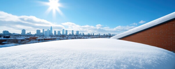 A stunning view of a snowy landscape under a bright sun, showcasing a skyline in the distance and a clear blue sky.