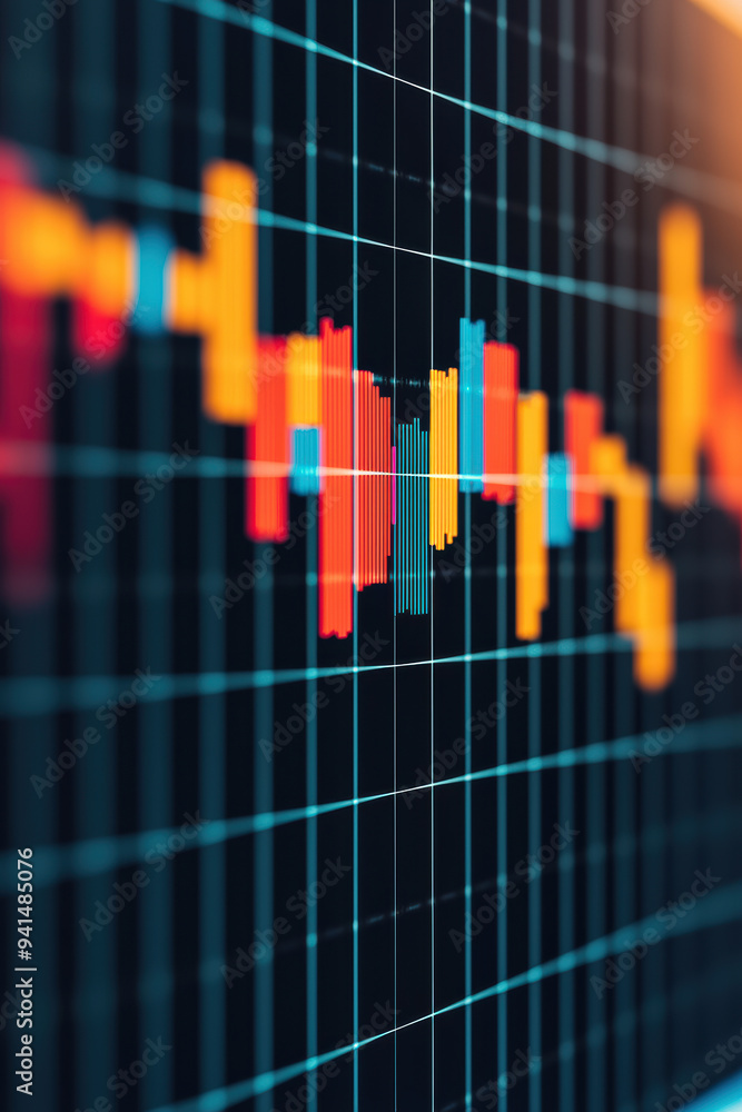 Poster colorful financial data chart with fluctuating graphs on a black background, representing stock mark