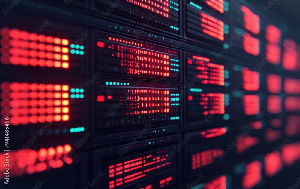 Poster abstract image of a server room with illuminated red and blue data lights, symbolizing modern techno