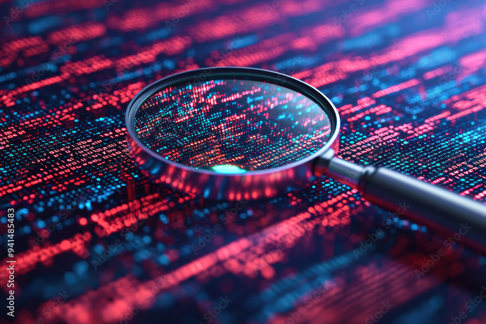 Poster magnifying glass highlighting a detailed digital code on a screen, showcasing data analysis, cyber s