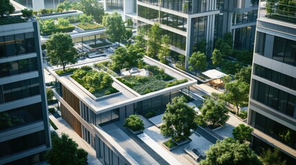 A modern office complex with a green rooftop platform and landscaped outdoor areas, emphasizing sustainability and urban design. Perfect for eco-conscious visuals.