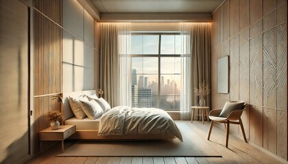 朝の光が差し込むスカンジナビア風の小さなラグジュアリーホテル客室