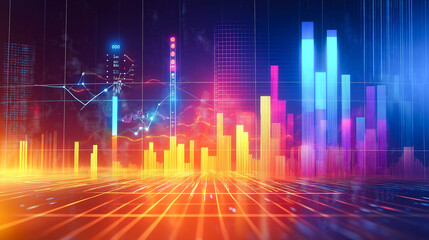 Glowing abstract graphs and stock and market information backgrounds. Stock exchange trading arrows investment graph Increase statistics and Digital Marketing. Economics and selling
