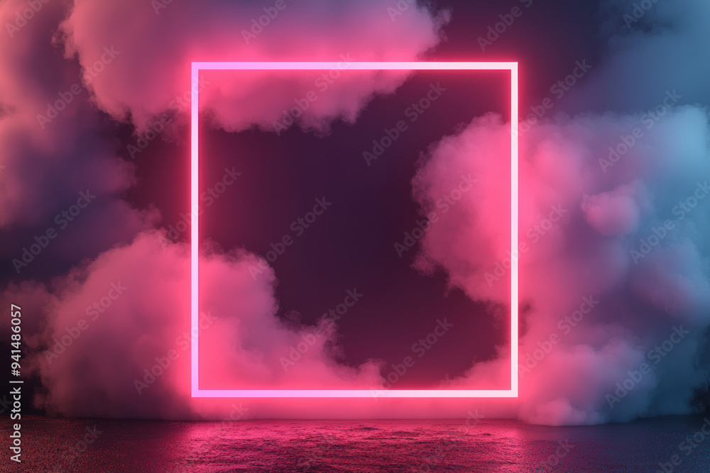 Aufkleber glowing pink neon frame with a dark background and clouds. futuristic and abstract design ideal for 
