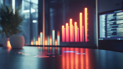 Glowing abstract graphs and stock and market information backgrounds. Stock exchange trading arrows investment graph Increase statistics and Digital Marketing. Economics and selling