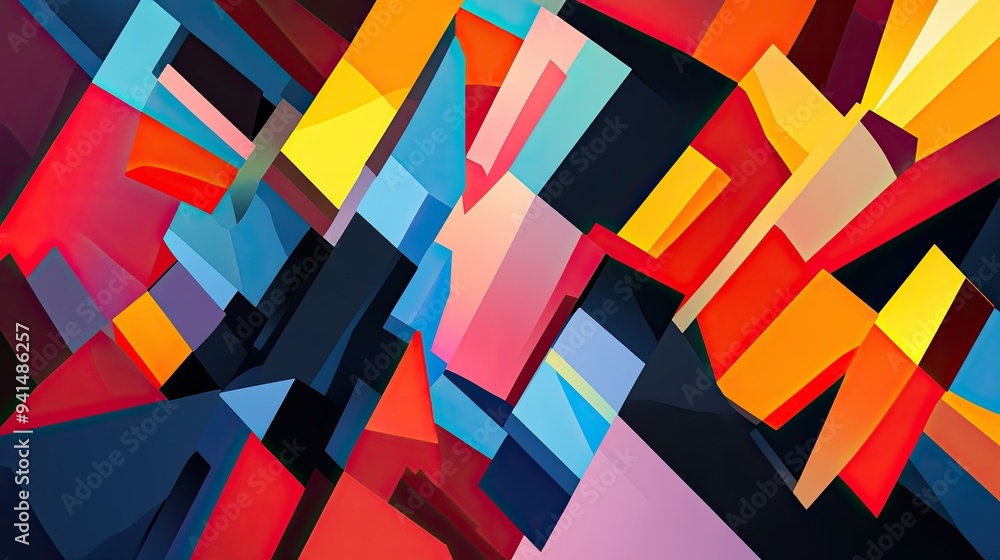 Poster abstract background with fragmented, geometric shapes in bold colors, creating a sense of movement a