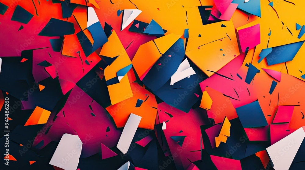 Poster abstract background with fragmented, geometric shapes in bold colors, creating a sense of movement a