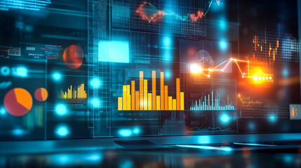 Obraz premium Glowing abstract graphs and stock and market information backgrounds. Stock exchange trading arrows investment graph Increase statistics and Digital Marketing. Economics and selling