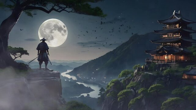 A samurai stands on a cliff next to a dry tree at night, below the cliff is a village. Seamless 4K looping timelapse video animation background