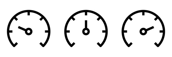 Set of three speedometer icons in minimalist style, symbolizing performance, speed, and measurement. Vector illustration. Editable stroke.