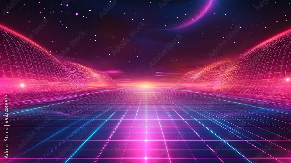 Aufkleber abstract background with neon grid lines and retro-futuristic vibes, reminiscent of 80s design