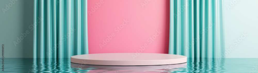 Poster modern minimalist interior with pastel colors and empty circular podium. stylish abstract studio bac