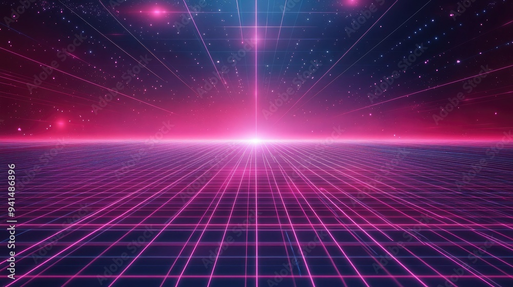 Poster abstract background with neon grid lines and retro-futuristic vibes, reminiscent of 80s design