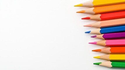 Fototapeta premium Colored pencils arranged in a row on a white background with copy space.