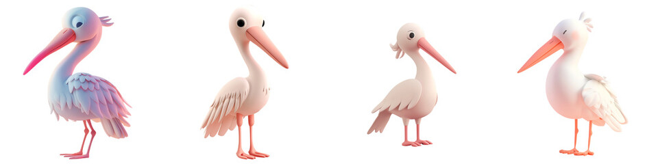 Fototapeta premium A colorful illustration of four cartoon pelicans in different poses, showcasing their playful and whimsical nature.