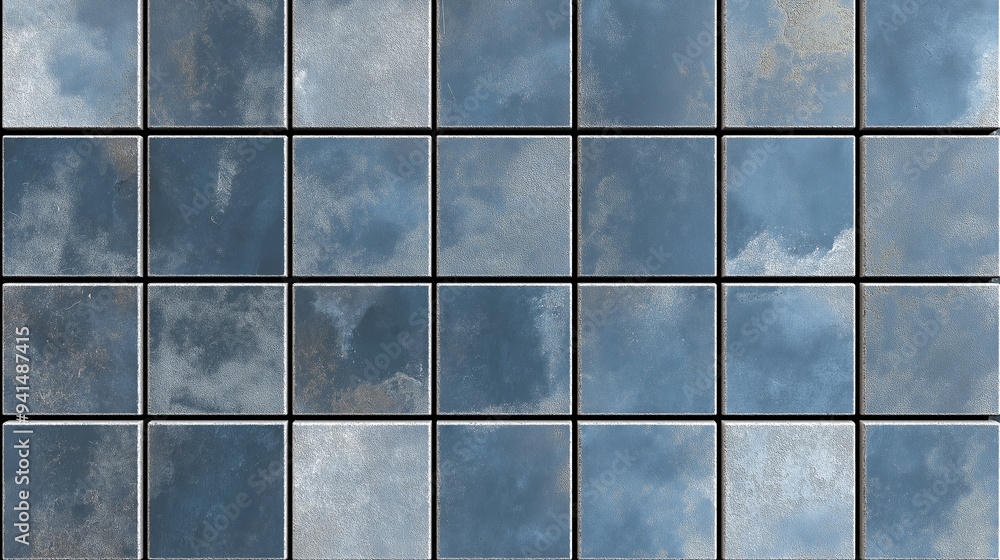 Poster Stone or marble tile texture top view background seamless mock up. Tile surface texture empty minimalistic wall design. Gray and blue seamless tile texture. Decor design tiles close up