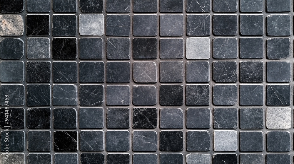 Poster Stone or marble tile texture top view background seamless mock up. Tile surface texture empty minimalistic wall design. Gray and blue seamless tile texture. Decor design tiles close up