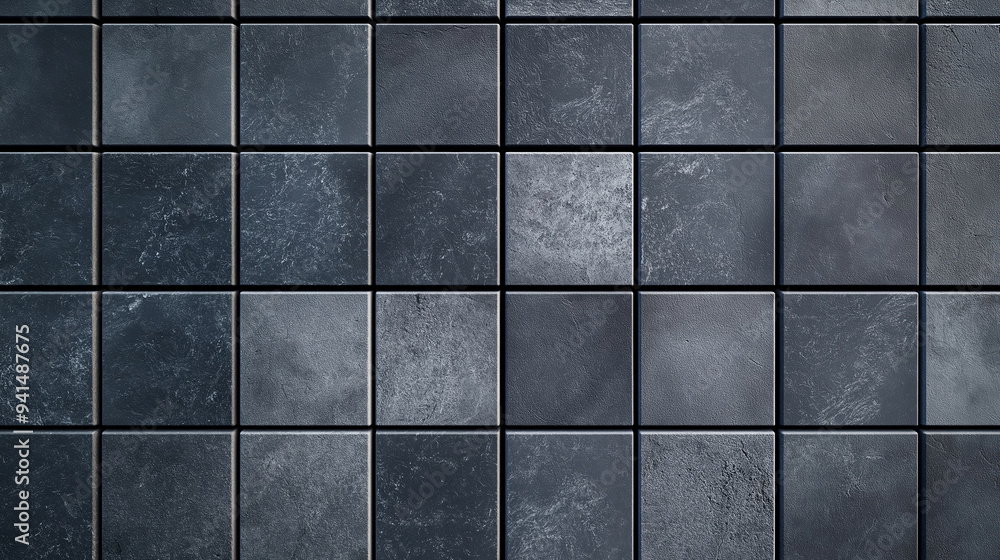 Poster Stone or marble tile texture top view background seamless mock up. Tile surface texture empty minimalistic wall design. Gray and blue seamless tile texture. Decor design tiles close up