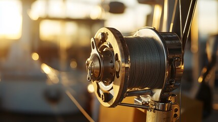 A close-up of a fishing rod reel with a partially spooled line, sunlight streaming through a window, detailed focus on the reel gears and the smoothness of the line, background of a blurred fishing