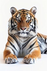 Obraz premium A tiger relaxes on a smooth white surface