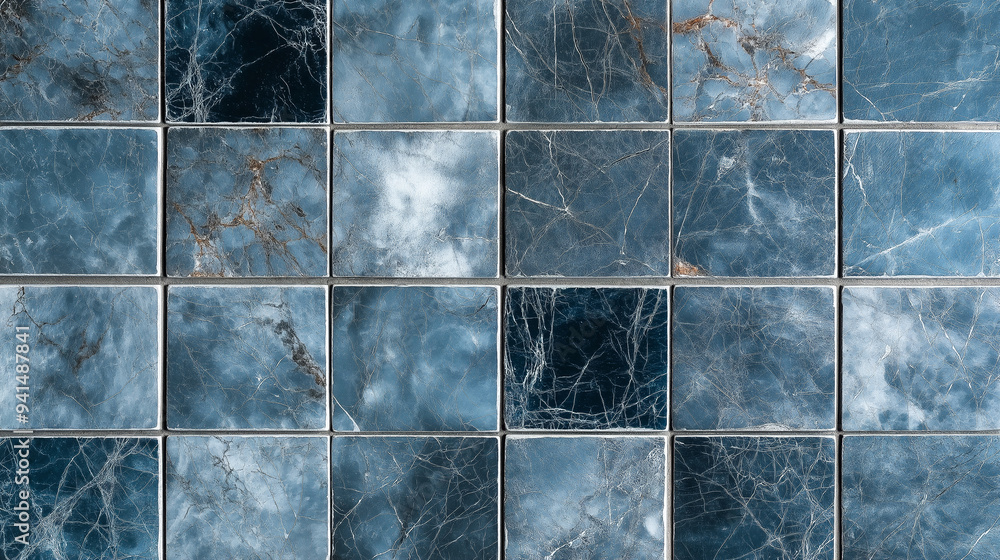Poster Stone or marble tile texture top view background seamless mock up. Tile surface texture empty minimalistic wall design. Gray and blue seamless tile texture. Decor design tiles close up