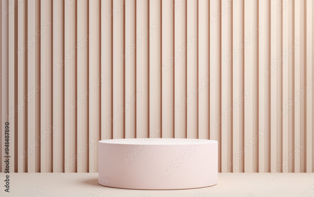 Poster minimalistic empty round podium against beige background with vertical lines. perfect for product di