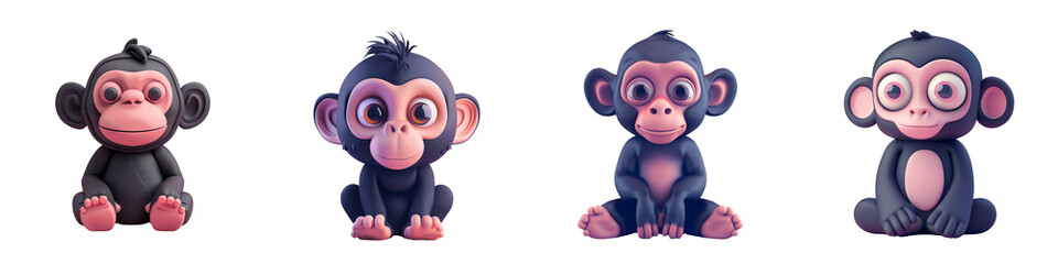 Fototapeta premium A playful collection of four cute cartoon monkeys showcasing various expressions and poses, perfect for children's designs.