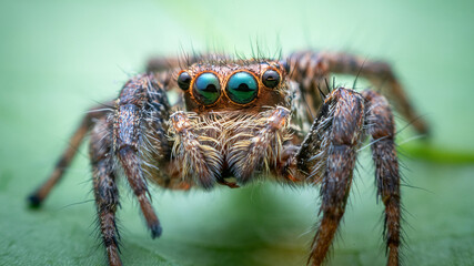 Jumping spider looking the camera on leaf with black background