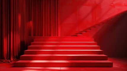 Red staircase leading up to a red wall with a red curtain in the background.