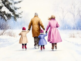 A family ice skating on a frozen lake, surrounded by snow-covered pine trees