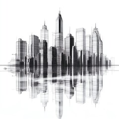 A black and white sketch of a modern cityscape reflected in water