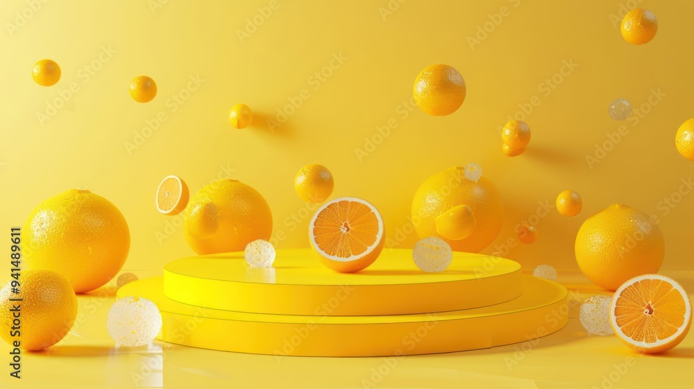 Poster a bright yellow background with a circular platform, whole and halved oranges floating around it.