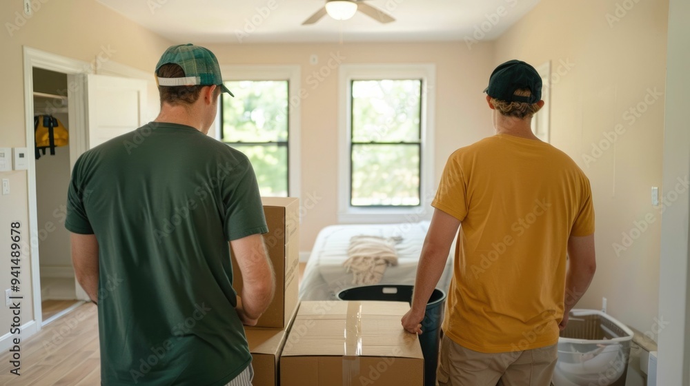 Poster student and parent working together to set up a new living space by assembling furniture in a dorm r