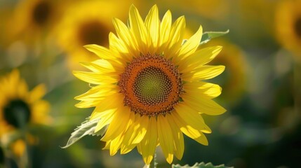 Fototapeta premium Close-up of a vibrant yellow sunflower in a field with other sunflowers in the background.