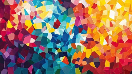 Abstract mosaic of bright, fragmented colors, forming a kaleidoscopic and energetic background