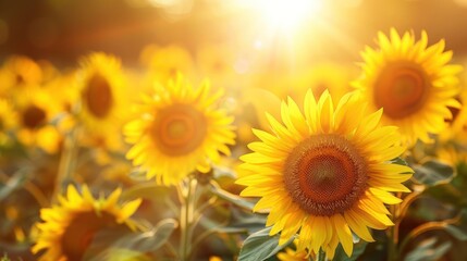 Obraz premium A field of sunflowers basking in the golden light of the setting sun.