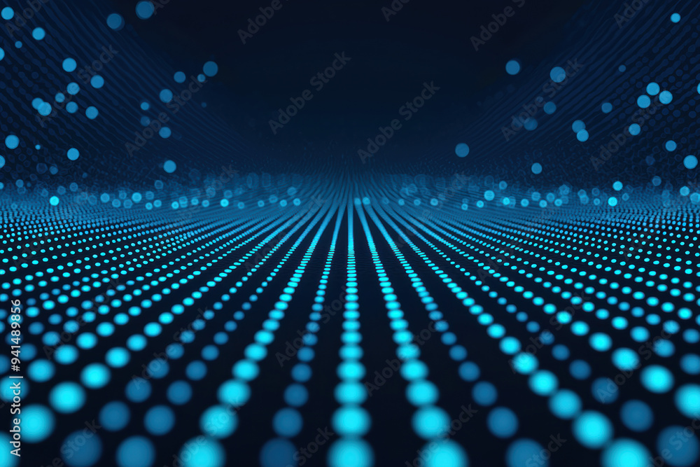 Poster abstract digital background featuring a grid of glowing blue dots creating a futuristic, high-tech d