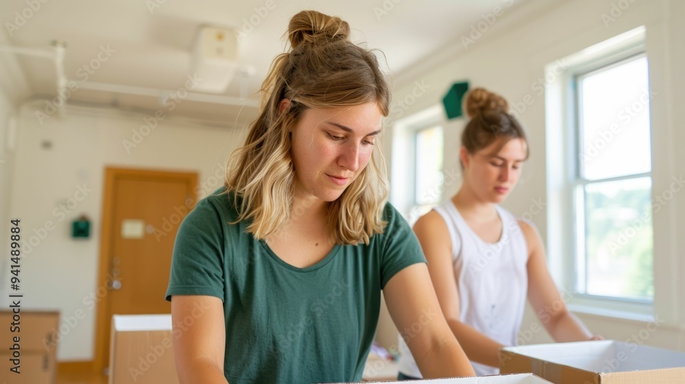Poster student and parent assembling furniture in dorm room on move in day setting up a new living space wi
