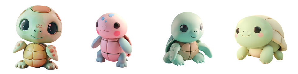 Fototapeta premium Adorable cartoon turtles in vibrant colors, perfect for children's themes, toys, or playful designs.