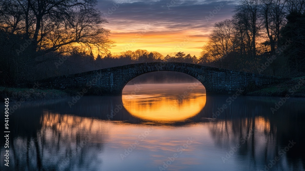 Poster a stone bridge casting a long shadow over a calm river at sunset, with the silhouette of trees in th