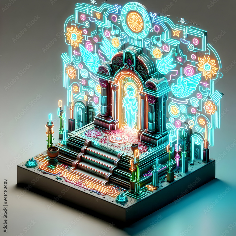 Poster 3d neon altar with digital glowing elements concept as an abstract digital artwork of a traditional 