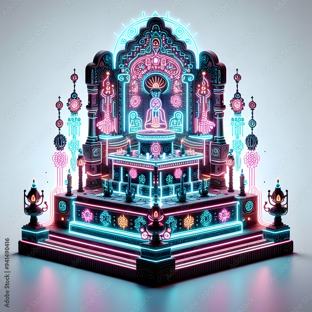 Poster 3d neon altar with digital glowing elements concept as an abstract digital artwork of a traditional 