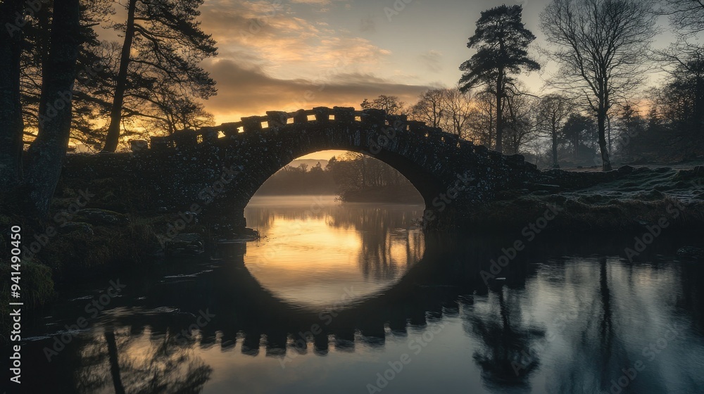 Poster a stone bridge casting a long shadow over a calm river at sunset, with the silhouette of trees in th
