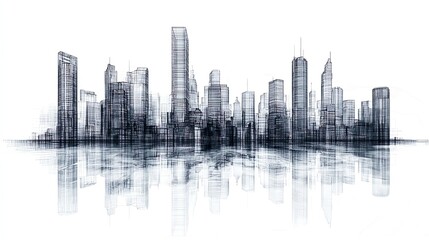 A stylized cityscape with tall buildings and reflections in water, rendered in a grayscale abstract style.