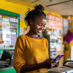 black african american youth female young person at a cash pickup location, joyfully receiving money sent by a loved one in yellow orange top all smiles