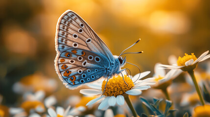 Obraz premium A white butterfly with black dots on its wings delicately lands on a white daisy flower in the warm, golden light of the sunset